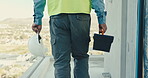 Walking, toolbox and hands at construction site outdoor with helmet for maintenance, repair or back. Man, civil engineering and building rooftop or property, architecture and city development