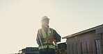Construction, thinking or woman with blueprint, outdoor operation or mindset in renovation review. Flare, below or supervisor with document, progress evaluation or reflection in remodeling project.