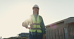 Construction, thinking and woman with smile, outdoor operation and mindset in renovation review. Flare, below and happy supervisor with space, progress evaluation and reflection in remodeling project