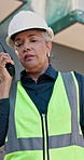 Architect, woman or talking with radio for building instruction, safety or security on construction. Female person, instructor or civil engineer speaking with signal for property inspection on site
