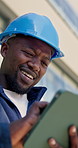 Architect, construction and black man with tablet on site for building design, planning or schedule. Male person, contractor or civil engineer with smile on technology for online architecture app