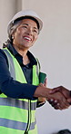 Woman, architect or meeting with handshake for deal, partnership or construction together. Female person, contractor or civil engineer shaking hands with smile for team onboarding or building project