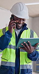 Architect, tablet and black man with phone call on construction site for building inspection. Happy, male person or civil engineer talking with technology for architecture safety or maintenance plan