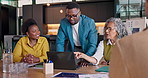 Business, people and laptop for client meeting, campaign pitch or strategy for brand development. Agency, happy team and strategist with tech for advertising proposal, budget plan or marketing funnel