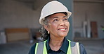 Mature, woman and architect thinking on construction site for building improvement or development. Female person, civil engineer or contractor with smile or vision for architecture ambition or career