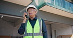 Woman, architect and speaking with radio on construction site for building inspection or safety. Mature, female person or contractor talking with signal for architecture maintenance or security