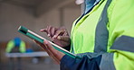 Engineer, online and hands with tablet, construction and planning for renovation project on website. Civil engineering, scroll and person with technology, typing and research for property development