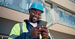Architect, texting and black man with phone in city for communication or outdoor network service. Male person, contractor or civil engineer typing with smile for mobile chatting app or connection