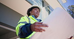 Engineer, thinking and woman with floor plan, outdoor and contemplating with paperwork for project. Civil engineering, low angle and black person with blueprint, idea or decision on construction site