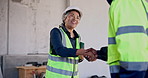 Woman, architect and meeting with handshake on construction site for building agreement or deal. Female person, contractor or civil engineer shaking hands for b2b, partnership or onboarding project