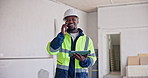 Tablet, architect and black man with phone call on construction site for building inspection. Male person, contractor or civil engineer talking with technology for architecture project or development