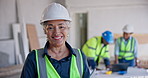 Architect, face and happy woman with team on construction site for building design or development. Portrait, female person or civil engineer with smile for architecture project or property renovation