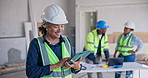 Building, engineer and woman with tablet, laugh and plan for renovation project and research on web. Civil engineering, senior supervisor and happy person with tech, scroll and property development