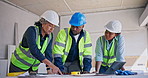Architect, people and meeting with documents for building strategy or construction planning on site. Team, group or civil engineer with blueprint or paperwork for architecture development or design