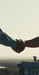 Real estate, greeting and people outdoor with handshake, intro and deal closed in sale agreement. Hello, space and realtor with shaking hands, property exchange and success in investment negotiation.