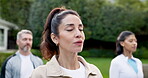Yoga, class or woman outdoor with meditation, calm practice or collaboration in fitness activity. Peace, team or mature person with breathing, group wellness or mindset improvement in holistic club.