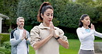 People, yoga and coaching with namaste in nature for outdoor connection or spiritual healing. Group, mentor or personal trainer with team or zen for meditation, health or wellness together in park