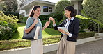 Keys, success and woman buying house with realtor outdoor in front yard for handover and tablet. Tech, real estate agent and happy client with home loan approval, homeowner and property investment