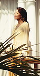 Travel, calm or woman on balcony with thinking, trip mindset or chill moment on summer holiday. Relax, reflection or mature person with mindfulness, tourist daydream or peaceful perspective in hotel.