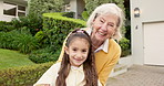 Face, grandmother and child outdoor with smile, love and parental support for quality time. Portrait, old woman and playing at house with grandchild, babysitting weekend and childcare for family fun