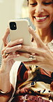 Hands, smile and woman at hotel with phone, online booking and checkin for holiday travel. Happy, mature person and mobile at resort for reservation details, room availability and vacation itinerary
