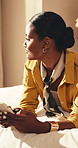 Calm, woman and thinking in hotel with phone, internet connectivity and vision for tourist vacation. Person, relax and reflection in accommodation with tech, comfortable bed and idea for holiday.