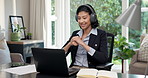 Remote work, video call and businesswoman with laptop in house, lawyer and legal advice on website. Freelance, consultation and happy person with tech, talk or attorney with headphones in home office