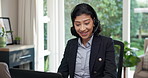 Headset, laptop and woman in home office for remote work, insurance support or claims assistance. Happy person, talking and freelancer with computer for customer service, help and policy feedback