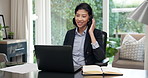 Headset, laptop and woman in home office for freelance, insurance support or claims assistance. Remote work, talking and happy person with computer for customer service, help and policy feedback
