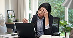 Eye strain, glasses and woman in home office with laptop, brain fog and headache in remote work. Burnout, eyewear and freelancer with tech fatigue, migraine pressure and vision discomfort in house.