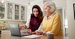 Home, laptop and senior mother with woman for pension, investment or retirement fund document. Kitchen, old person and adult daughter with help for savings, budget or loan application paperwork