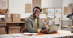 Logistics, face and black man in agency with laptop, confidence and pride as distribution analyst. Happy, data and inventory administrator with tech, operation specialist and about us in supply chain
