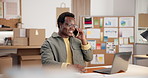 Startup, man or laptop with phone call in logistics for delivery quote, pricing enquiry or happy. Small business, black person or contact courier for shipping rate negotiation, route details or laugh