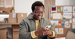 Logistics, message and happy man with phone in small business, laugh and communication with contact. Entrepreneur, thinking and black person with mobile, supply chain and reading funny chat on web