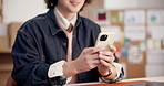 Logistics, texting and hands with phone in small business, laughing and communication with contact. Entrepreneur, typing and happy person with mobile, supply chain and reading funny chat on website