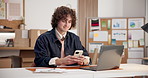 Ecommerce, man and typing in small business with phone, search customer data and courier on website. Person, document and browse in retail company with tech, online order stats or check delivery app.
