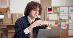 Shipping, video call and man with laptop in small business, discussion or delivery update on website. Logistics, entrepreneur and happy person with tech, virtual meeting and distribution schedule
