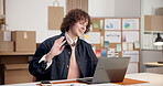 Logistics, video call and man with laptop in small business, greeting or delivery update on website. Supply chain, entrepreneur and happy person with tech, virtual meeting and distribution schedule