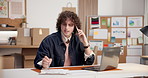 Small business, clipboard or man with phone call for logistics, parcel enquiry or delivery update. Shipping startup, owner and mobile chat on tech for package info, courier coordination and schedule