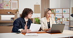 People, document and laptop at startup for logistics, ecommcerce and sales report of online order. Team, reading and paperwork in office with tech, inventory records and supplier invoice for shipping