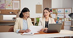 Ecommerce, team and paperwork in office with laptop, review online order data and forecast for sales. Happy, women and talk in small business with computer, stats document and revenue projection. 