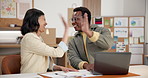 Excited, people and high five with laptop for logistics, winning or good news in small business. Happy man, woman or colleagues with smile or documents for teamwork, distribution success or order