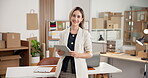 Face, happy woman and tablet in small business for shipping invoice, fleet tracking or about us. Smile, person and tech in supply chain for shipment status, digital receipt and bill of lading review
