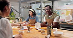 Happy, friends and painting in art class with ceramics, conversation and hobby for bonding together. People, smile and pottery decoration in workshop with paintbrush, creative project and discussion.