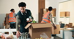 Man, volunteer and box with food for donations, collection and non profit for charity outreach. Person, packing and groceries in cardboard for delivery, canned goods and aid parcel for poverty relief