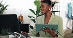 Fashion, woman and tablet in clothing store with laptop, typing and update catalog for ecommerce app. Black person, tech and small business owner in boutique with plan, retail website or online shop.