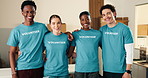 Face, volunteer and team in NGO with support, philanthropy or collaboration for charity organization. Happy, people and non profit group with hug, social responsibility and outreach for community.