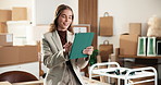 Woman, tablet or smile in small business for logistics, distribution schedule or stock management. Entrepreneur, tech or happy in office for website update, email feedback or typing for customer help