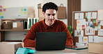 Man, laptop and smile in small business for logistics, distribution schedule and stock management. Entrepreneur, tech or happy in office for website update, email feedback or typing for customer help