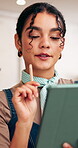 Thinking, tablet or woman in cafe with reading, website insight or stock checklist in digital track. Hospitality, happy or owner with tech, inventory management or menu planning on restaurant app.